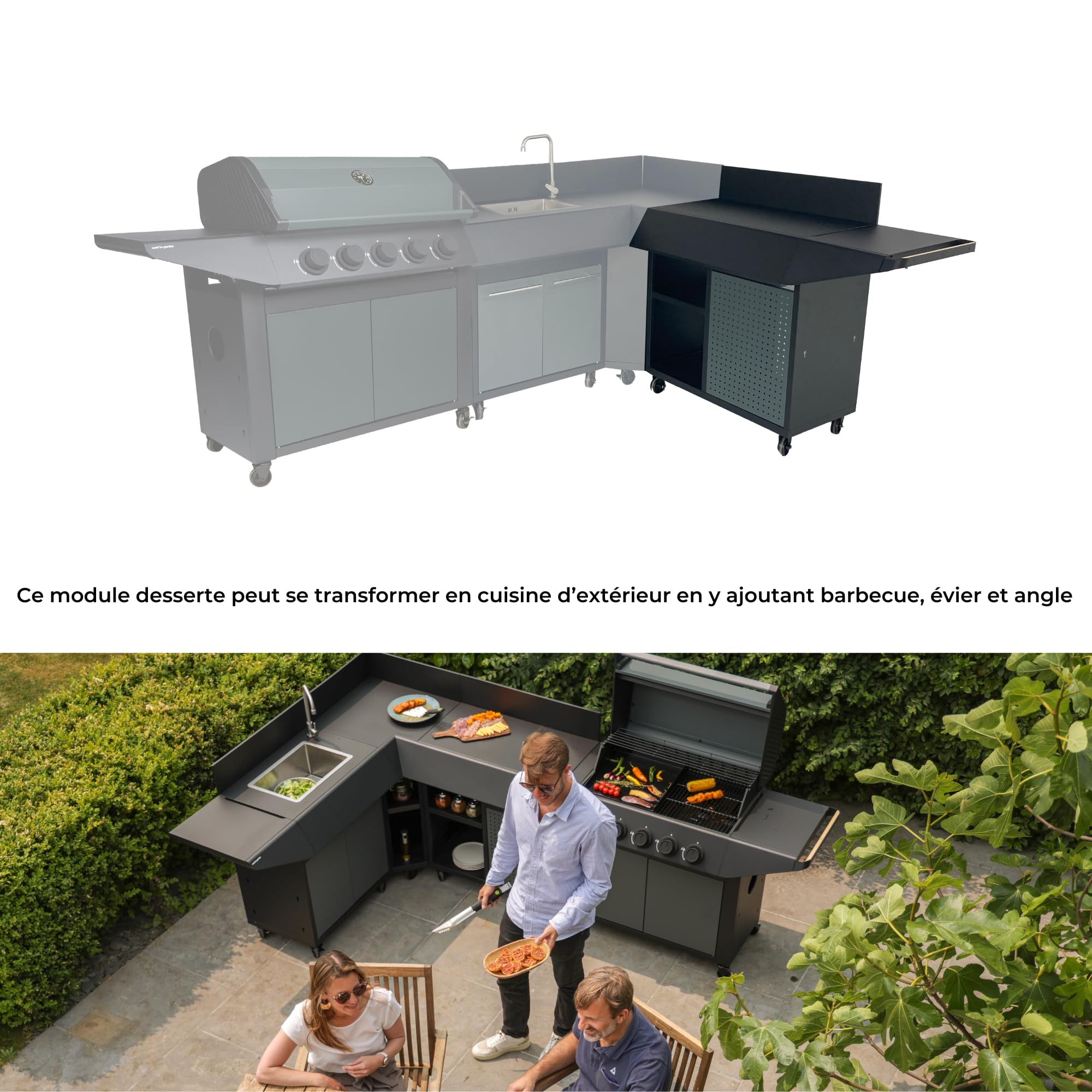 Cook'in garden - Desserte Burn, Chariot avec Plan de Travail Compatible Barbecue et Evier, Meuble sur roulettes Facile à Déplacer, Grand Espace de Rangement, Acier Époxy, Noir