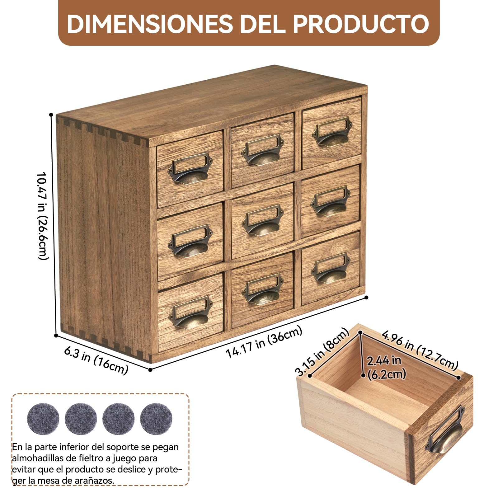 KIRIGEN Cajonera de Madera, Caja de Escritorio, 9 Cajones, Marrón Oscuro | Paulonia maciza; 36 x 16 x 26,6 cm; tiradores metálicos; clasifica material de oficina y objetos pequeños