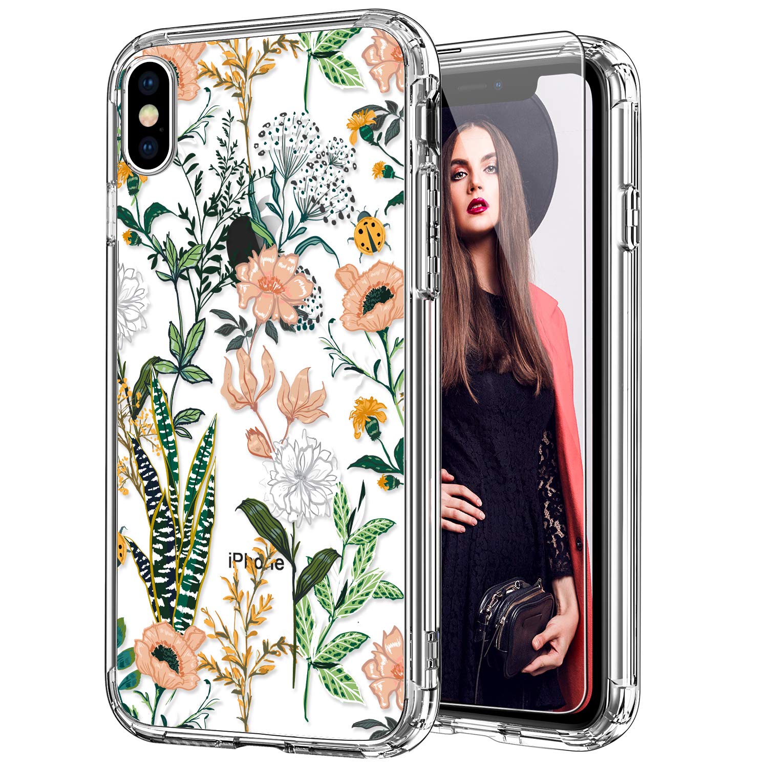 ICEDIO iPhone Xs Max Case with Screen Protector,Clear with Tropical Leaves Floral Flower Patterns for Girls Women,Shockproof Slim Fit TPU Cover Protective Phone Case for iPhone Xs Max