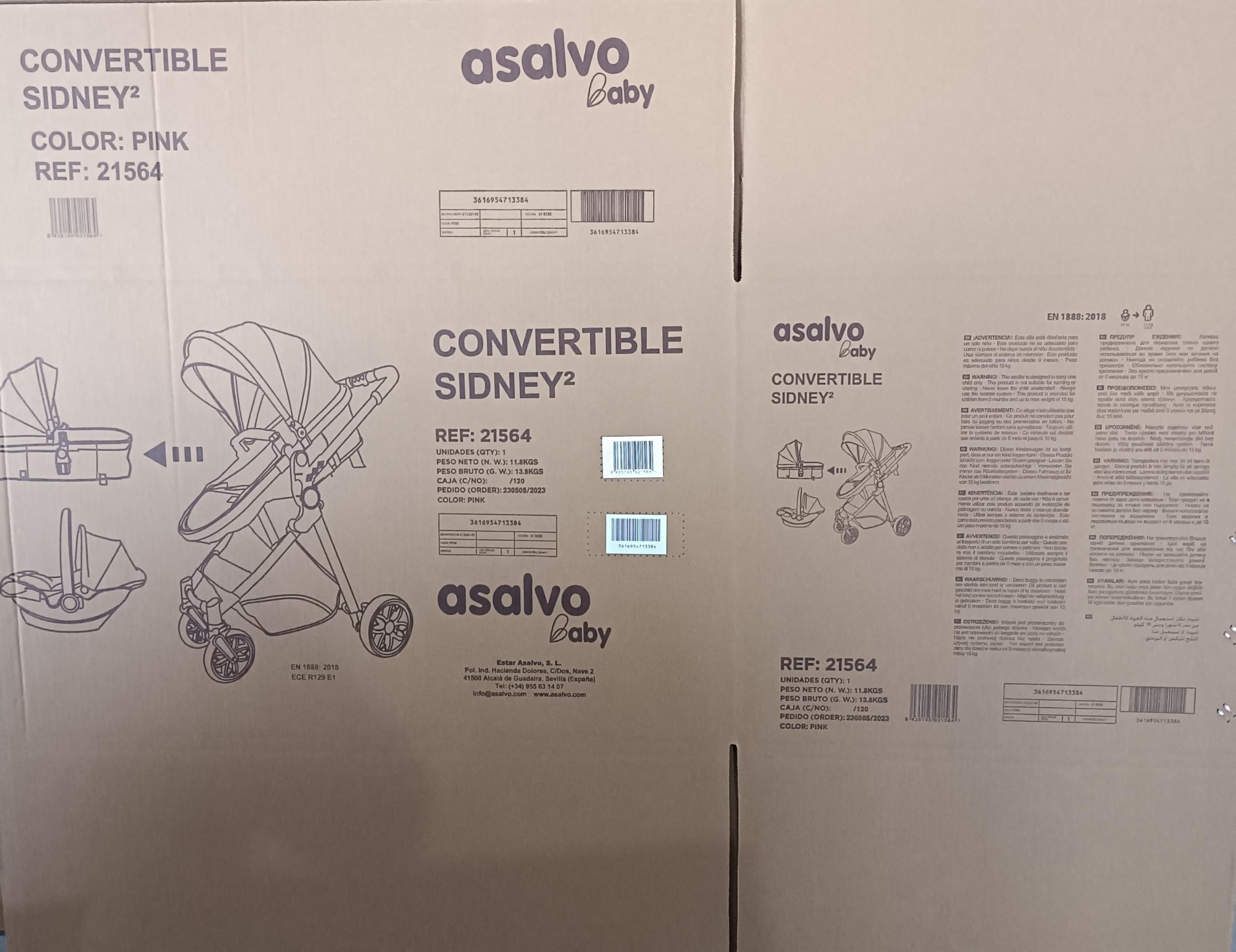 Asalvo SIDNEY 2 Trío Convertible 3 en 1, Silla de paseo, Carrito de bebé, Silla de Auto, Confortable, Segura, Capota extensible, Suspensión en las Ruedas, Freno trasero, Carga Máxima 23 kg, Rosa
