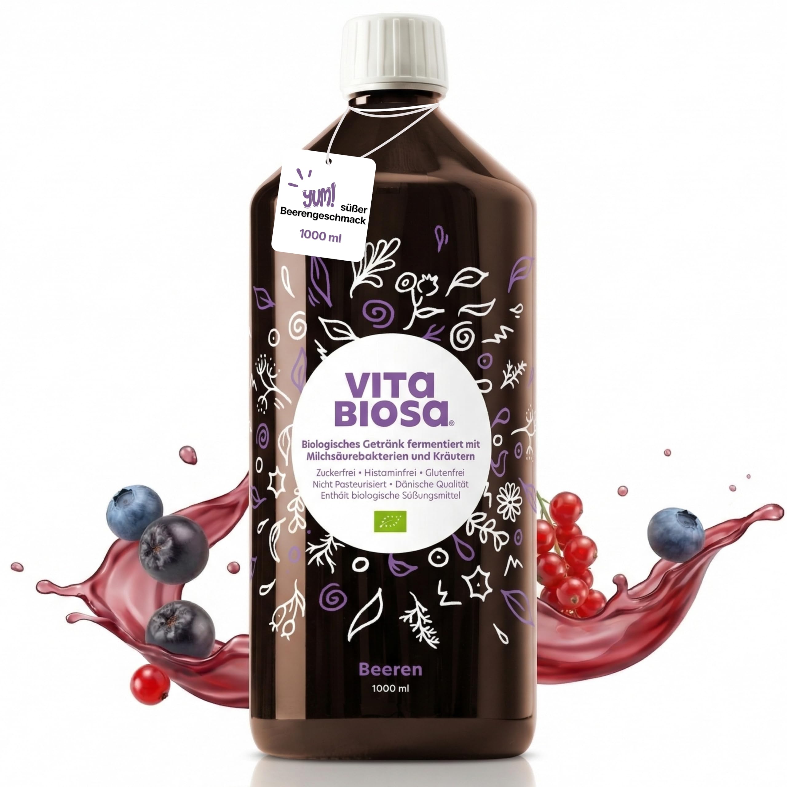 Vita Biosa Beeren Bio Fermentgetränk 1 L – süß-saure Variante mit Aronia, Johannisbeere und Heidelbeere – Milchsäurekulturen - 19 Kräutern – vegan, zuckerfrei, laktosefrei, Bio-Qualität