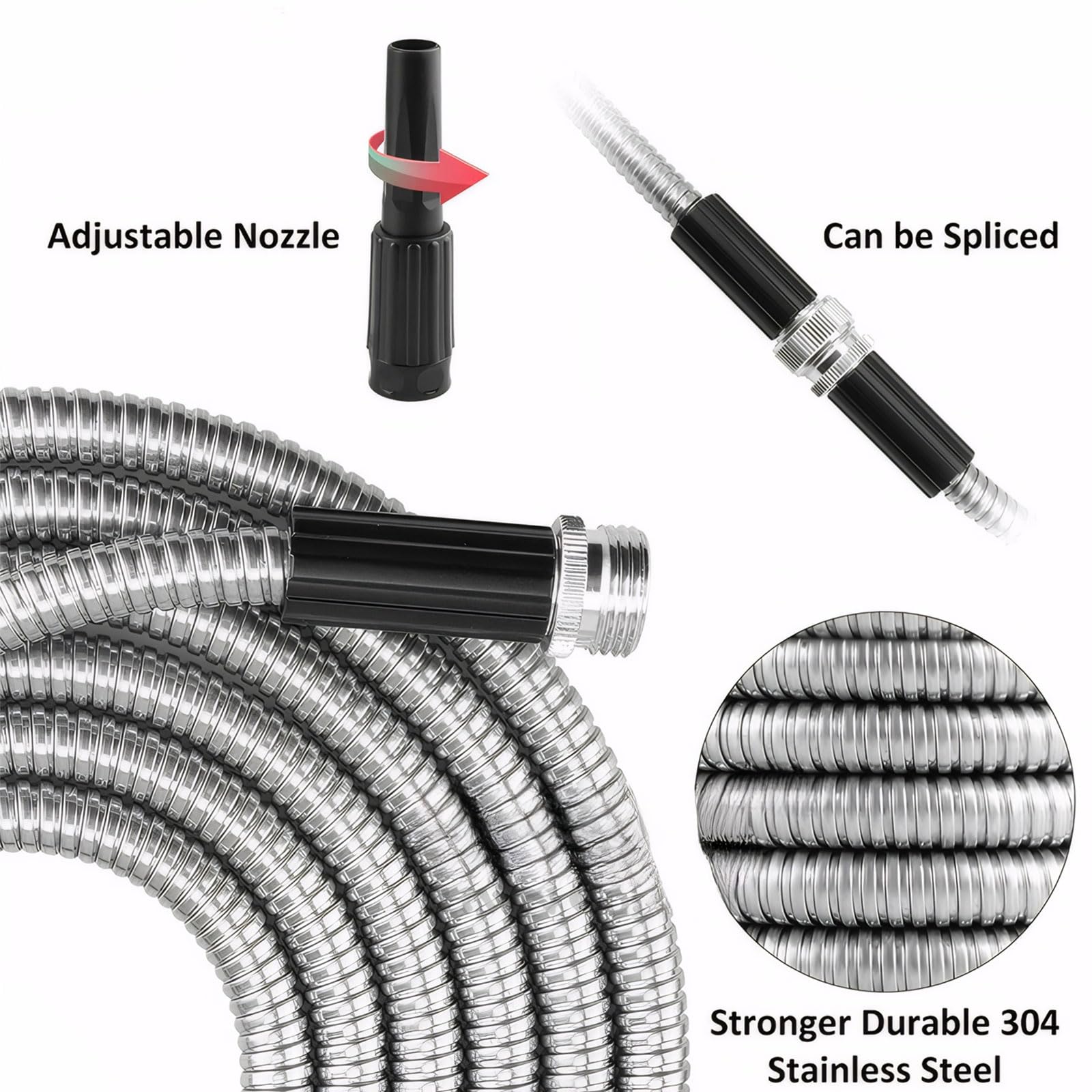 Manguera de agua de acero inoxidable 304 de 50 pies, dos pulverizadores de boquilla de 10 + 6 modos, sin torceduras y duradera, ligera, para césped, lavado de autos, patio, ideal para propietarios de