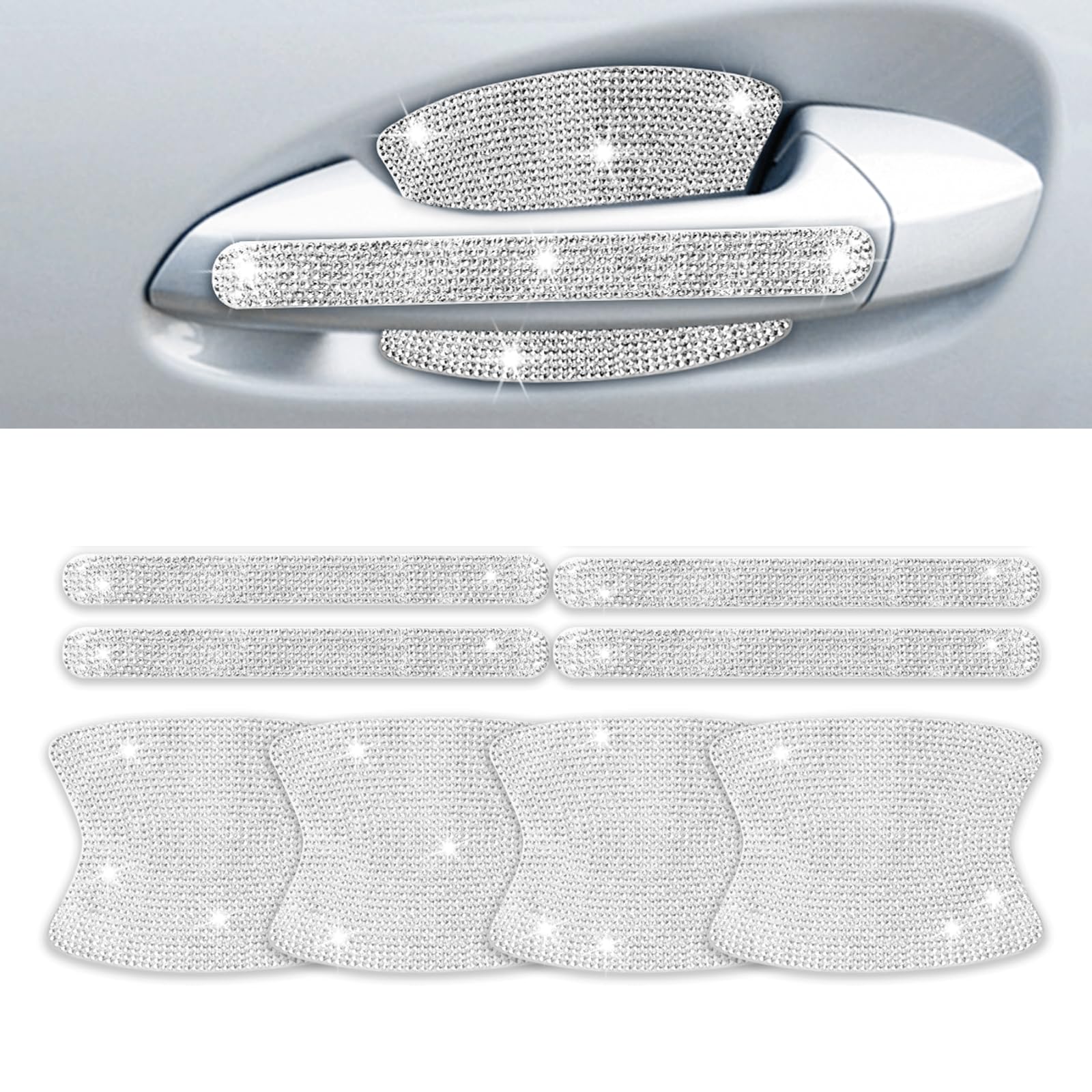 INSAUTO 8 Pieces Bling Car Door Handle Scratch Protector, Universal Rhinestone Car Stickers for Women, Automotive Exterior Accessories (Silver)