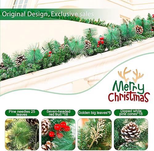 Miniatura 3 de Joyhalo Guirnalda de Navidad de 9 pies con luces que funciona con pilas, guirnalda de Navidad preiluminada al aire libre para manto, guirnalda de