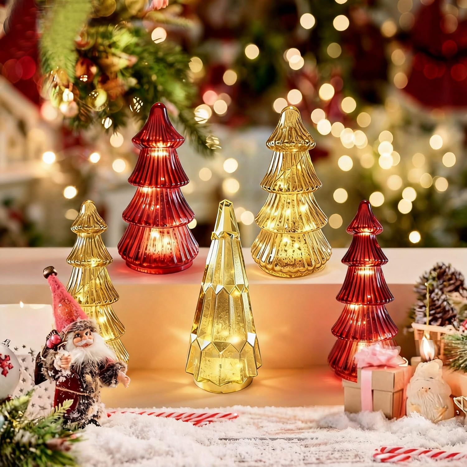 Mercury Glass Christmas Trees with Led Lights and Timer,8.6 Inch Gold and Red Glass Xmas Trees Tabletop Centerpiece for Holiday Home Decor (Gold-A)