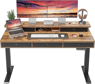 FEZIBO Height Adjustable Electric Standing Desk with 5 Drawers, 55 x 24 Inch Table with Storage Shelf, Sit Stand Desk Black Frame/Rustic Brown Top, 55 inch