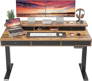 FEZIBO Height Adjustable Electric Standing Desk with 5 Drawers, 140 x 60 cm Table with Storage Shelf, Sit Stand Desk Black Frame/Rustic Brown Top