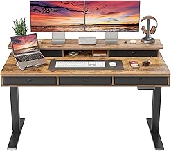 FEZIBO Height Adjustable Electric Standing Desk with 5 Drawers, 55 x 24 Inch Table with Storage Shelf, Sit Stand Desk Black Frame/Rustic Brown Top, 55 inch