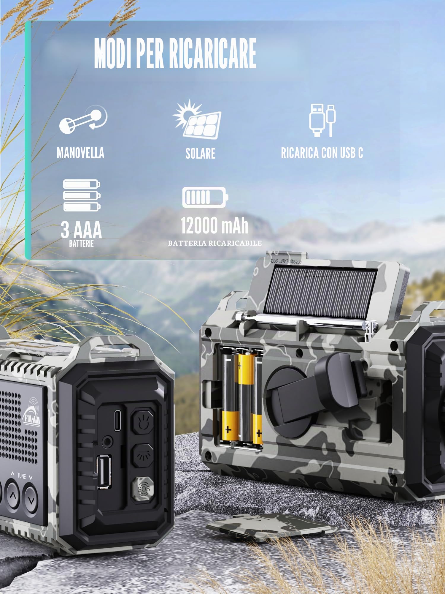 Radio Portatile di Emergenza 12000 mAh AM/FM/SW Ricaricabile Impermeabile