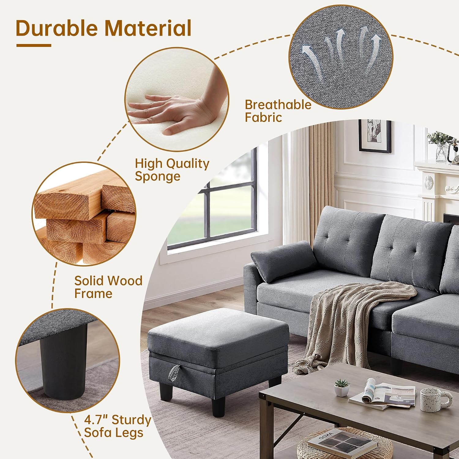 Portaforta Convertible Sectional Sofa Couch, 102" L Shaped Couch with Storage Ottoman and Side Pocket, Modern Polyester 4-Seat Reversible Sofa Set for Living Room, Light Grey