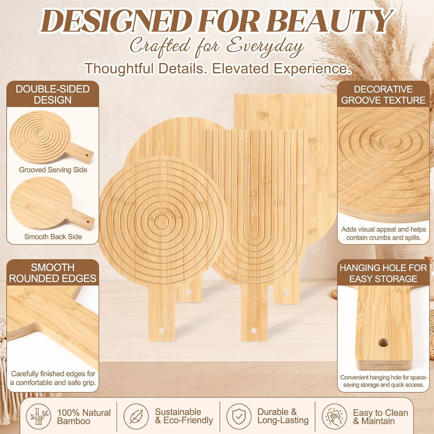 2 Pack Grooved Bamboo Charcuterie Serving Boards Set for Cheese