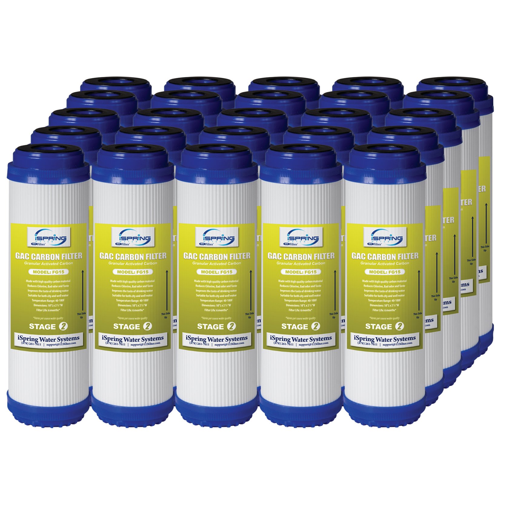 iSpring FG15X25 2.5"x10" Water Filter Replacement for Reverse Osmosis Water Filter System, GAC Granular Activated Carbon Filter Water Filter Cartridge Reduce PFAS，25 Pack