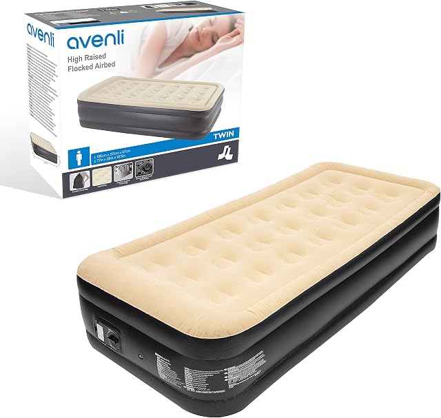 Avenli 88080 High Raised Flocked Airbed | Twin Size | Built in Pump | Quick & Easy Inflation, Vinyl, Beige/Black