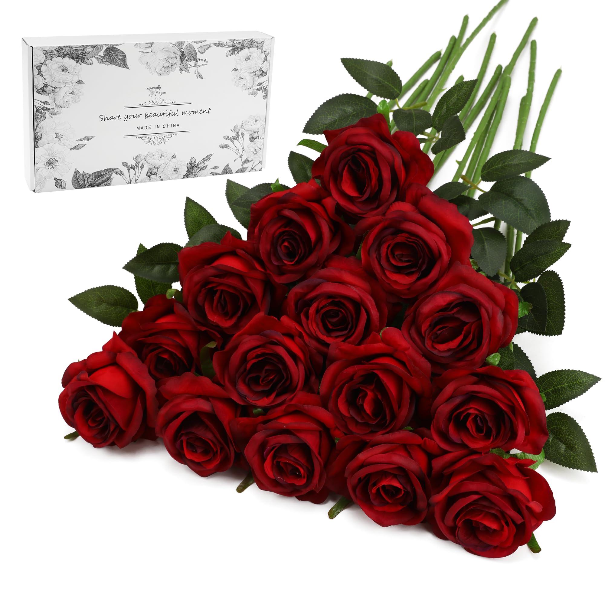Burgundy Fake Roses Artificial Flowers - 16 Pcs Fake Artificial Roses Silk Flowers with Stems for Home Wedding Hotel Office Centerpiece Decor（Burgundy）