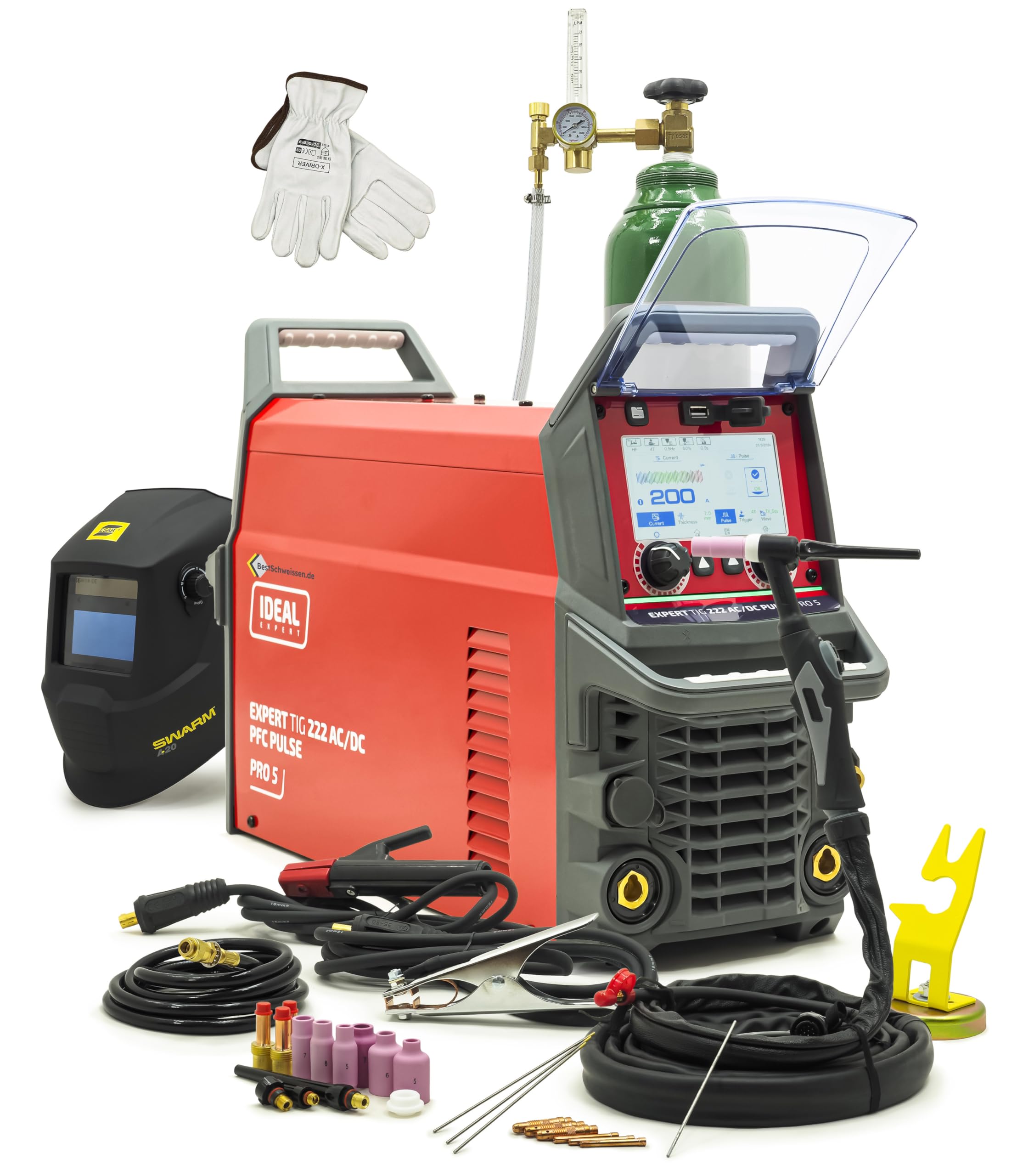 IDEAL Expert TIG 222 AC/DC WIG - Equipo de soldadura XXL (incluye casco automático A20, kit de lentes de gas, soporte magnético, botella de argón y accesorios, inversor de aluminio de 200 A, PFC