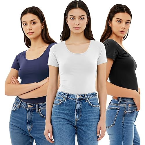 Emmalise Women's Short Sleeve Tshirt Scoop Neck Tee Value Pack Junior Plus Sizes