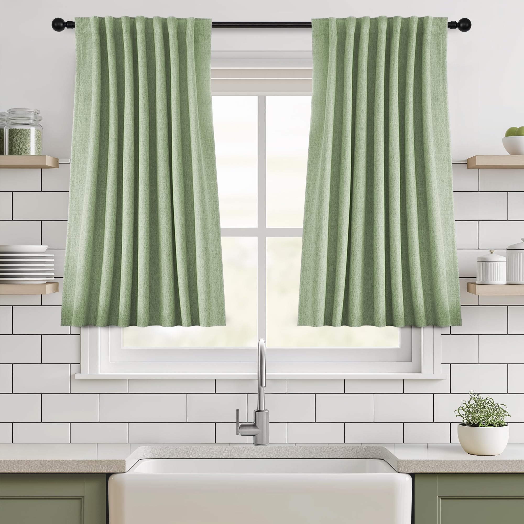 BSfullts Blackout Curtains 35 Inch Long for Living Room & Bedroom, Linen Drapes Thermal Insulated Room Darkening Noise Reducing Sage Green Black Out