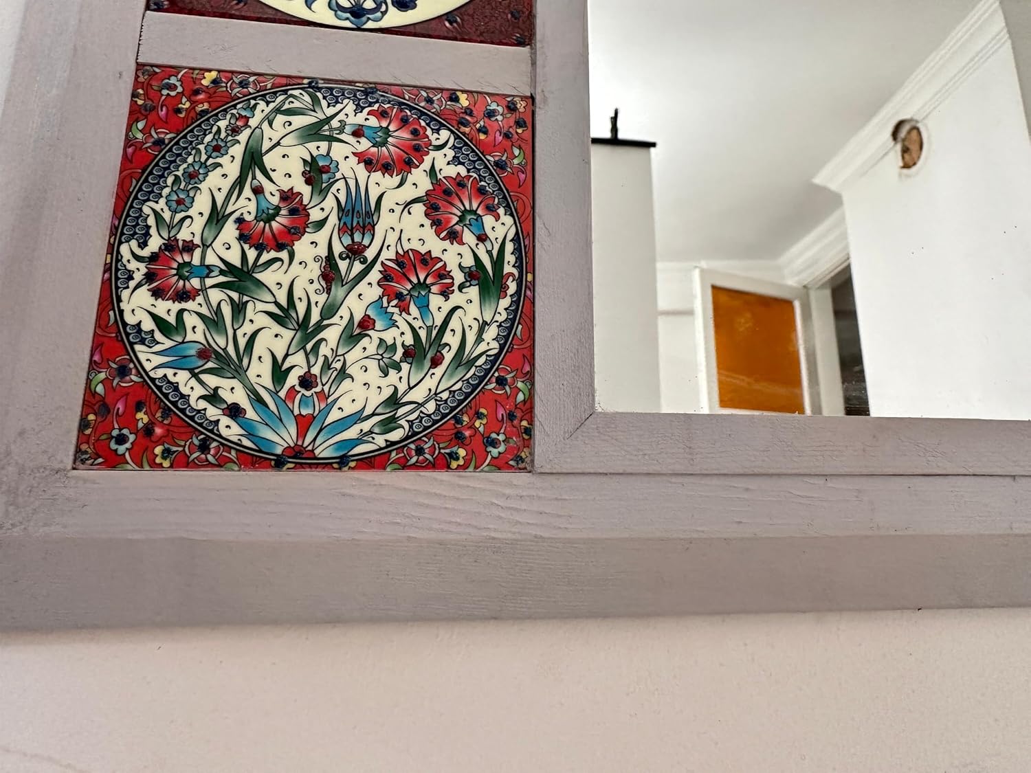 Ethnic Wall Hanging Tiled Wood Mirror, Rustic Console Mirror, Country Mirror, Framed Decorative Tile Mirror, Body Length Mirror, Phosphorus