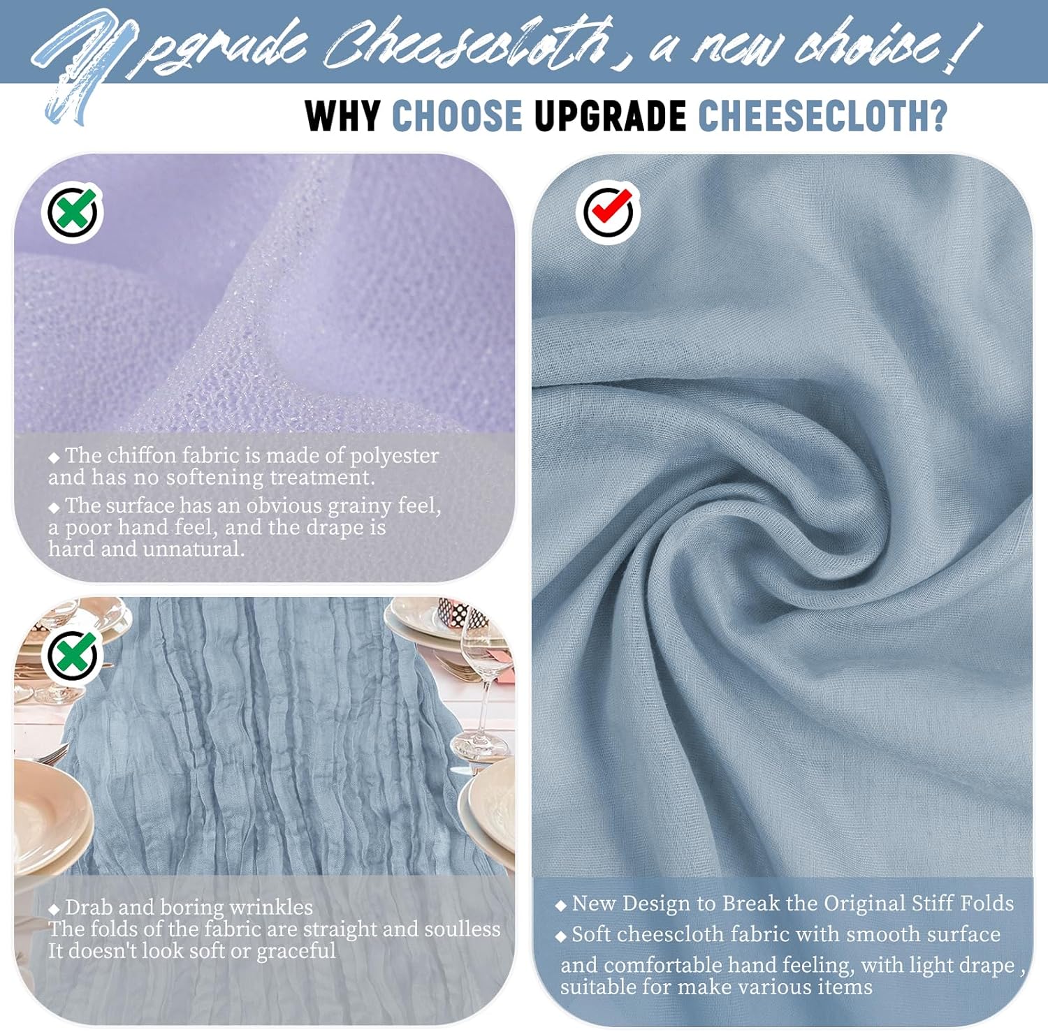 Teruntrue 24 Packs Dusty Blue Cheesecloth Table Runner,10ft Rustic Gauze Boho Wedding Table Runner Decoration, Wedding Table Decor Sheer Table Runner for Wedding Party Bridal Shower Table