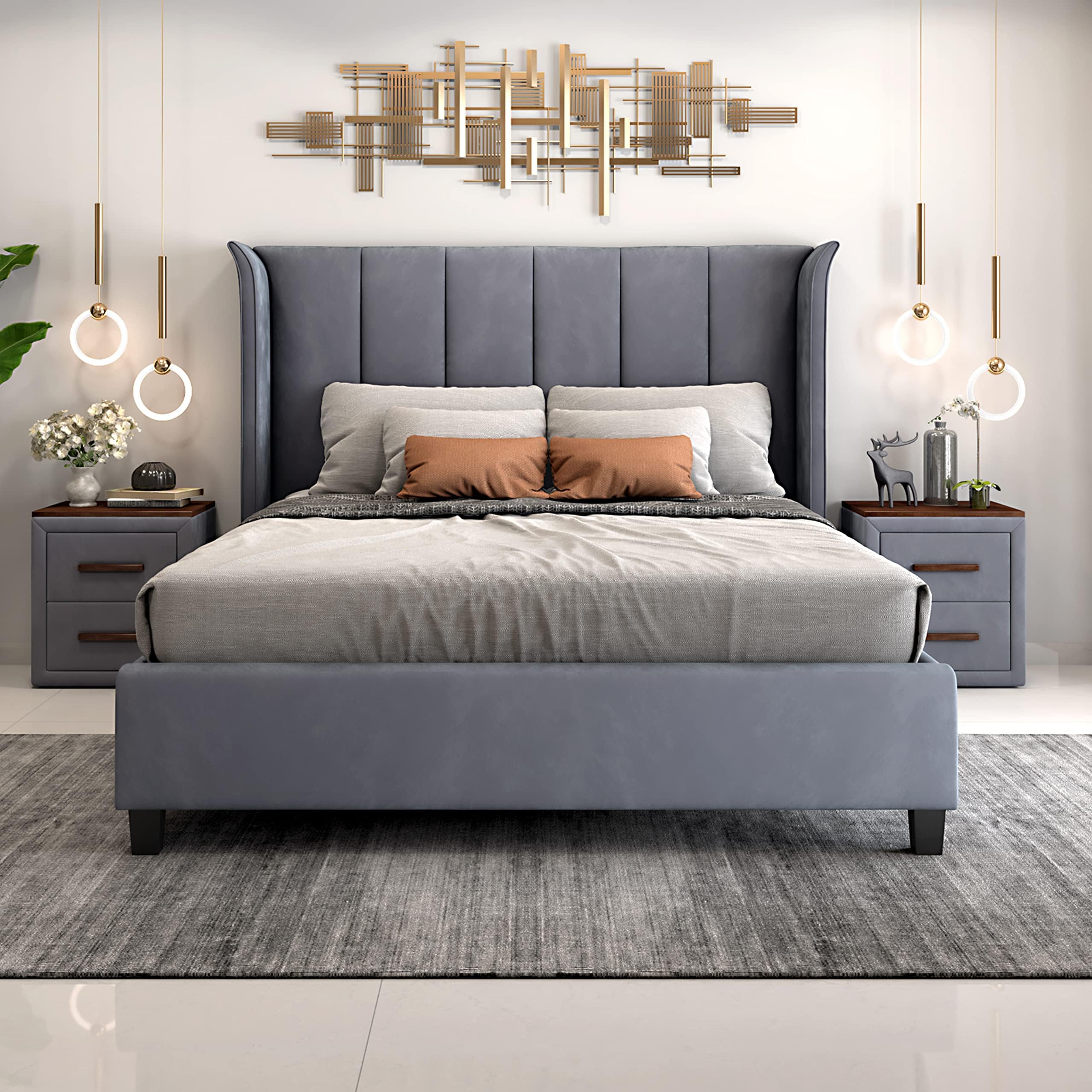 Durian Shirley Engineered Wood, Plywood, Fabric Queen Size Beds (Finish Color - Grey, Knock Down)