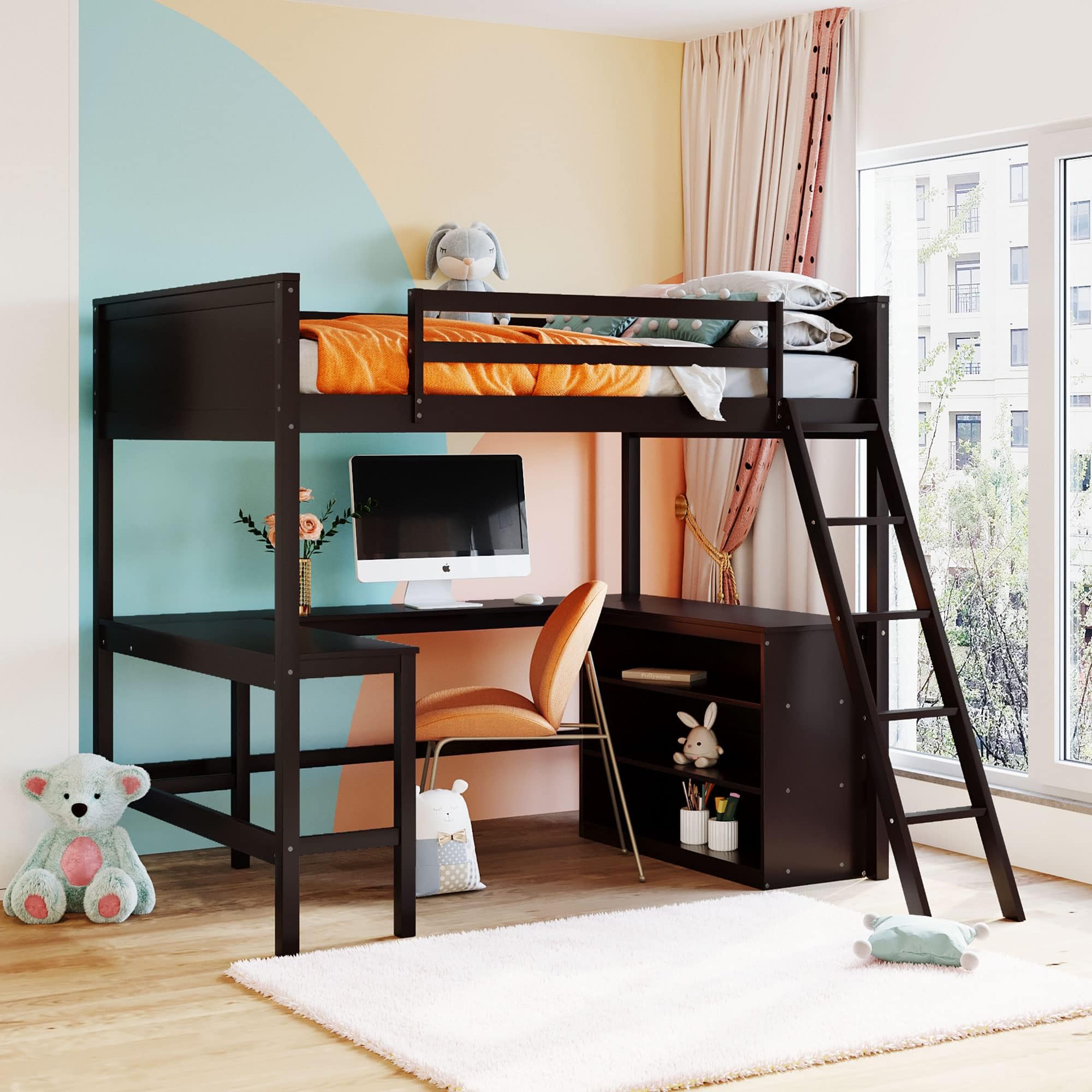 Harper & Bright Designs Full Loft Bed with Desk, Solid Wood Loft Bed Frame with Storage Shelves, High guardrails, for Kids Teens Adults (Full Size, Espresso)