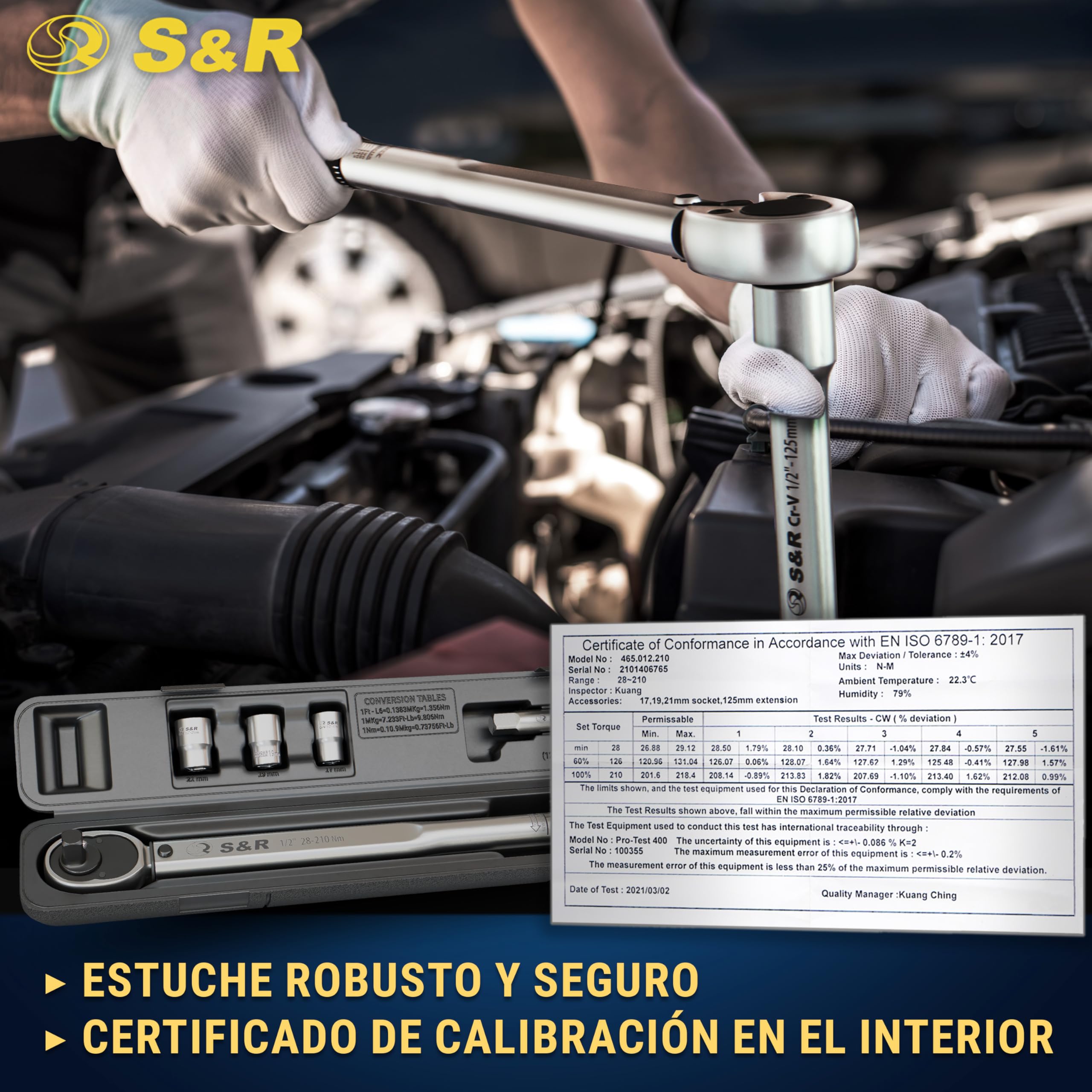 S&R Llave Dinamométrica 1/2 (28-210 Nm) – Torque Wrench Coche con Trinquete Reversible y Certificado ISO | Juego Completo con 3 Vasos (17,19,21 mm) y Barra de Extensión | Precisión ±4%