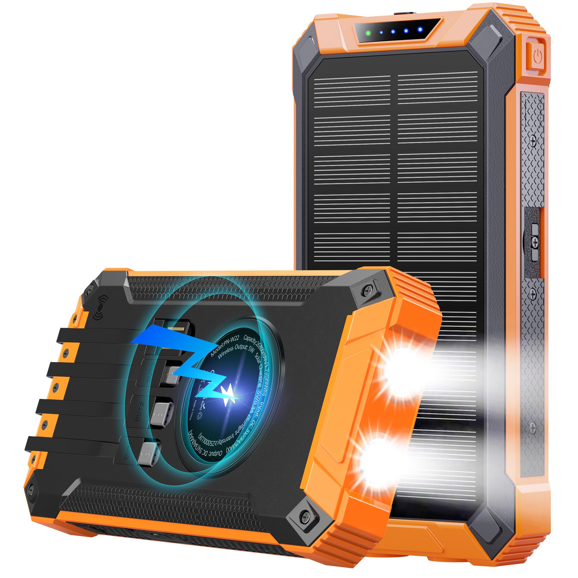 GOODaaa Wireless Solar PowerBank 26800mAh mit 6 Ausgängen und 4 Eingängen, 15W Schnellladung Solarladegerät mit integrierter Taschenlampe und Karabinerhaken für Camping und Outdoor