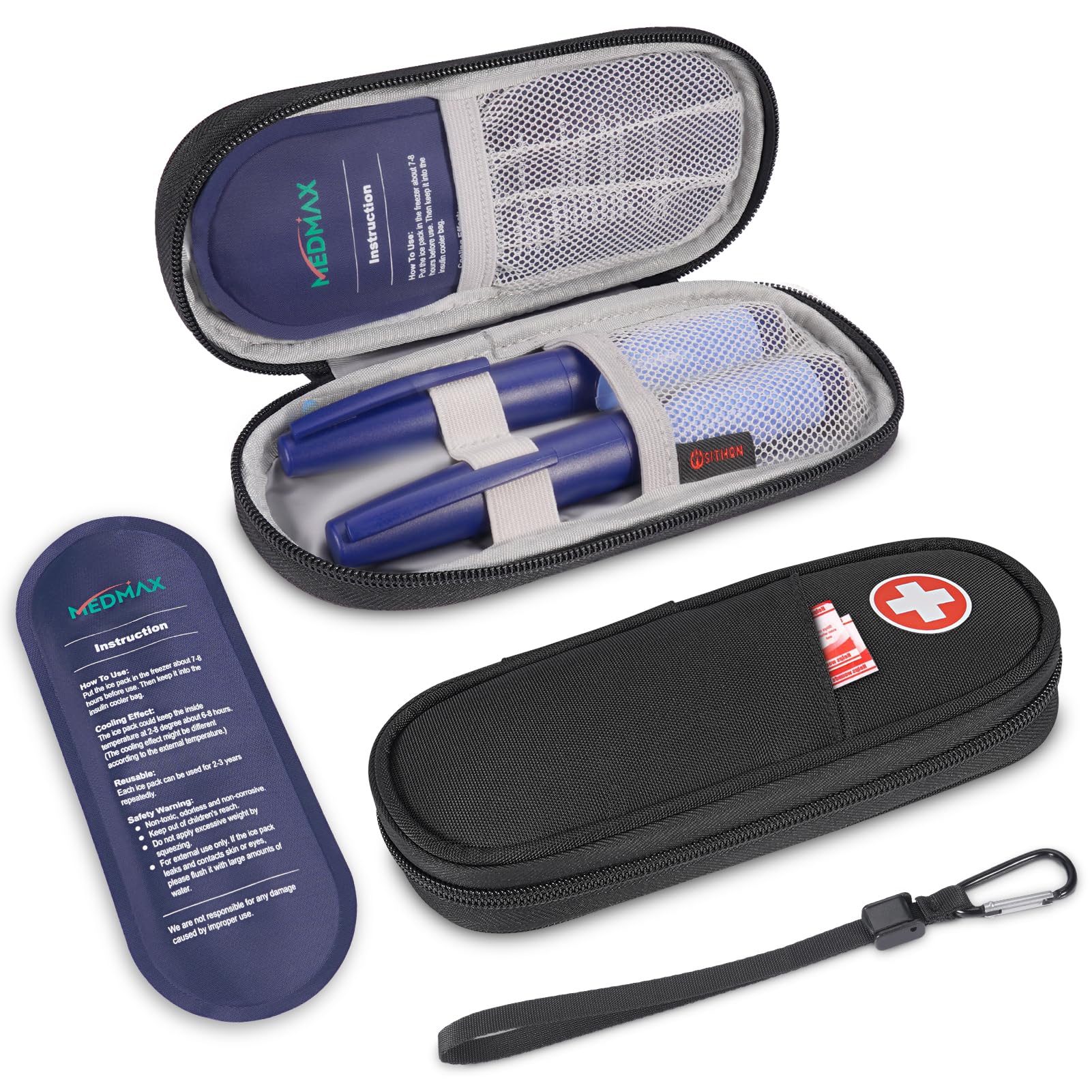 MEDMAX Etui podróżne na insulinę z 2 opakowaniami na lód wielokrotnego użytku zatwierdzone przez TSA