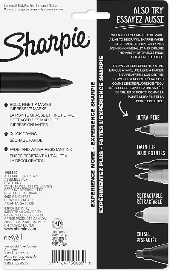 Sharpie Permanent Markers, Fine Tip, Black, 5 Count - Quick Drying, Fade Resistant