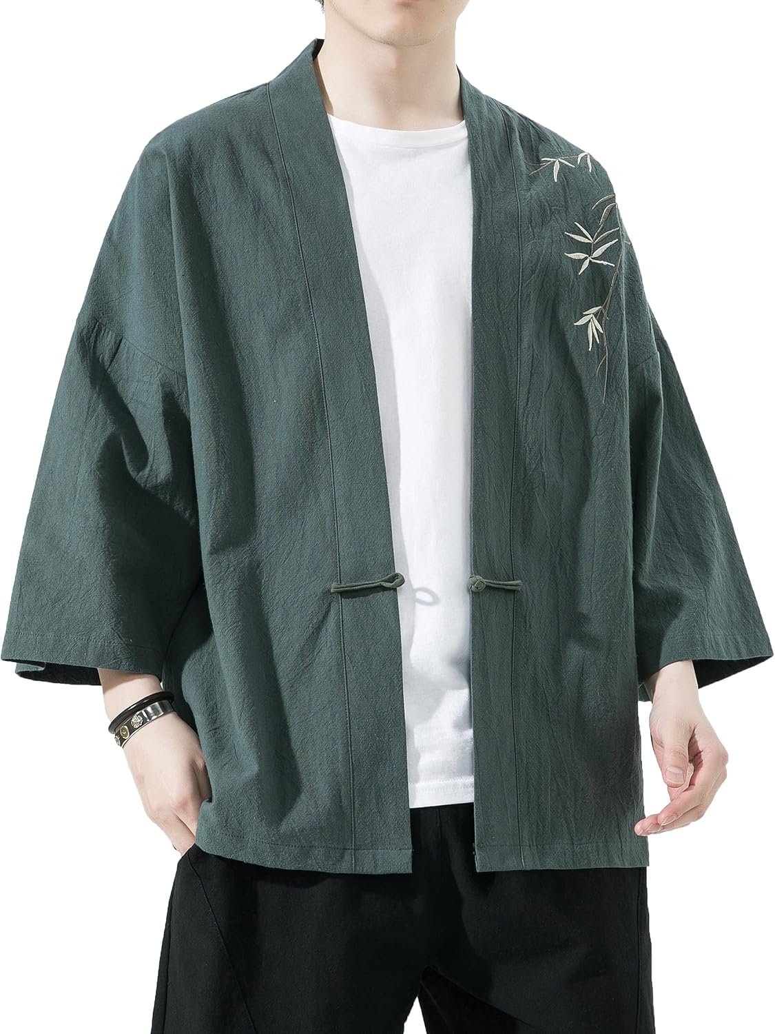 PRIJOUHE Men's Kimono Jackets Cardigan Casual Cotton Blends Linen Seven Sleeve Open Front Embroidery Coat - Image 5