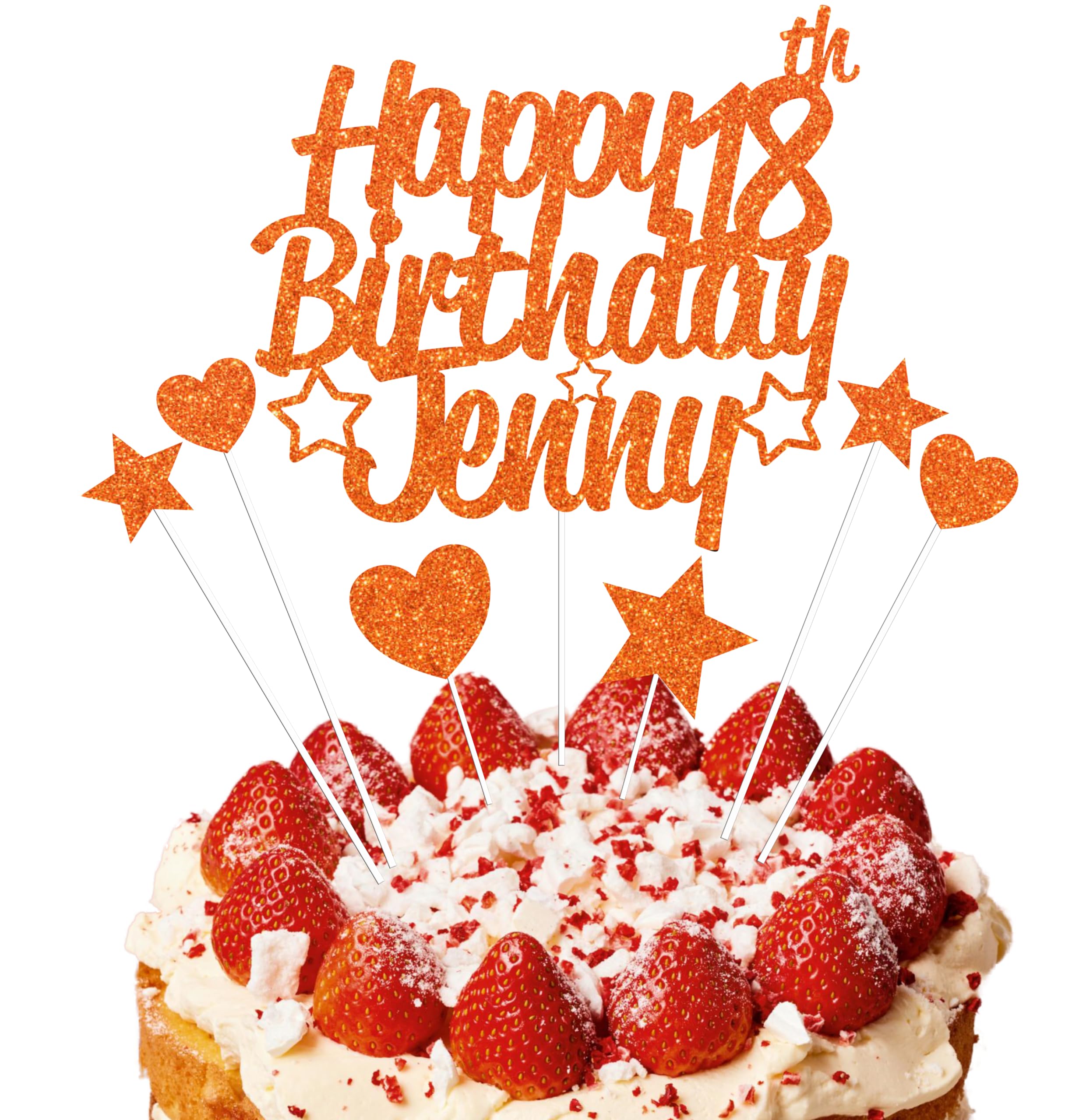 EKAM Personalised Happy Birthday Cake Topper, Customised with Any Age Name Party Cake Decoration, Glitter Card Cake Topper With Heart Star Cup Cake Toppers - 9Pcs (Prime, Orange)