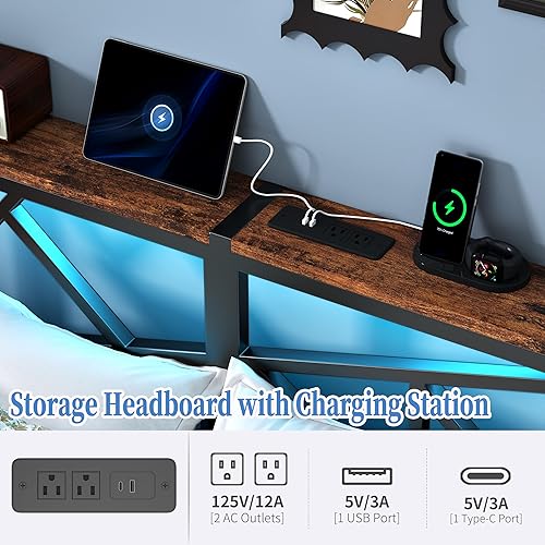 Miniatura 4 de Marco de cama de metal tamaño individual con luces LED, cabecera con almacenamiento y estación de carga, moderna cama de plataforma individual con