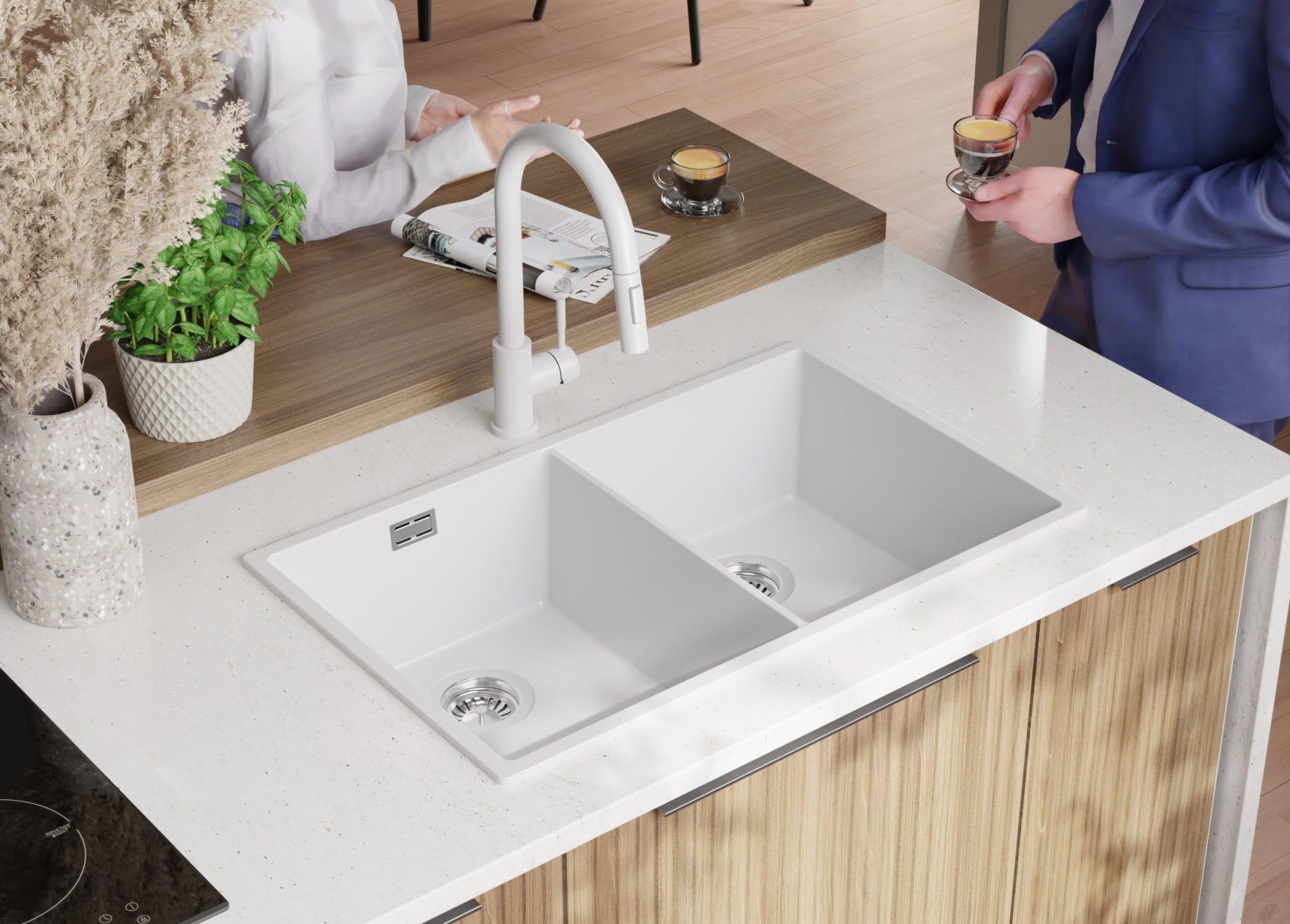 PRIMAGRAN Fregadero Cocina Blanco - London Twin Slim, 76x47cm | Granito 2 Senos + Set de accesorios, sobre Encimera al Mueble 80cm (S036)