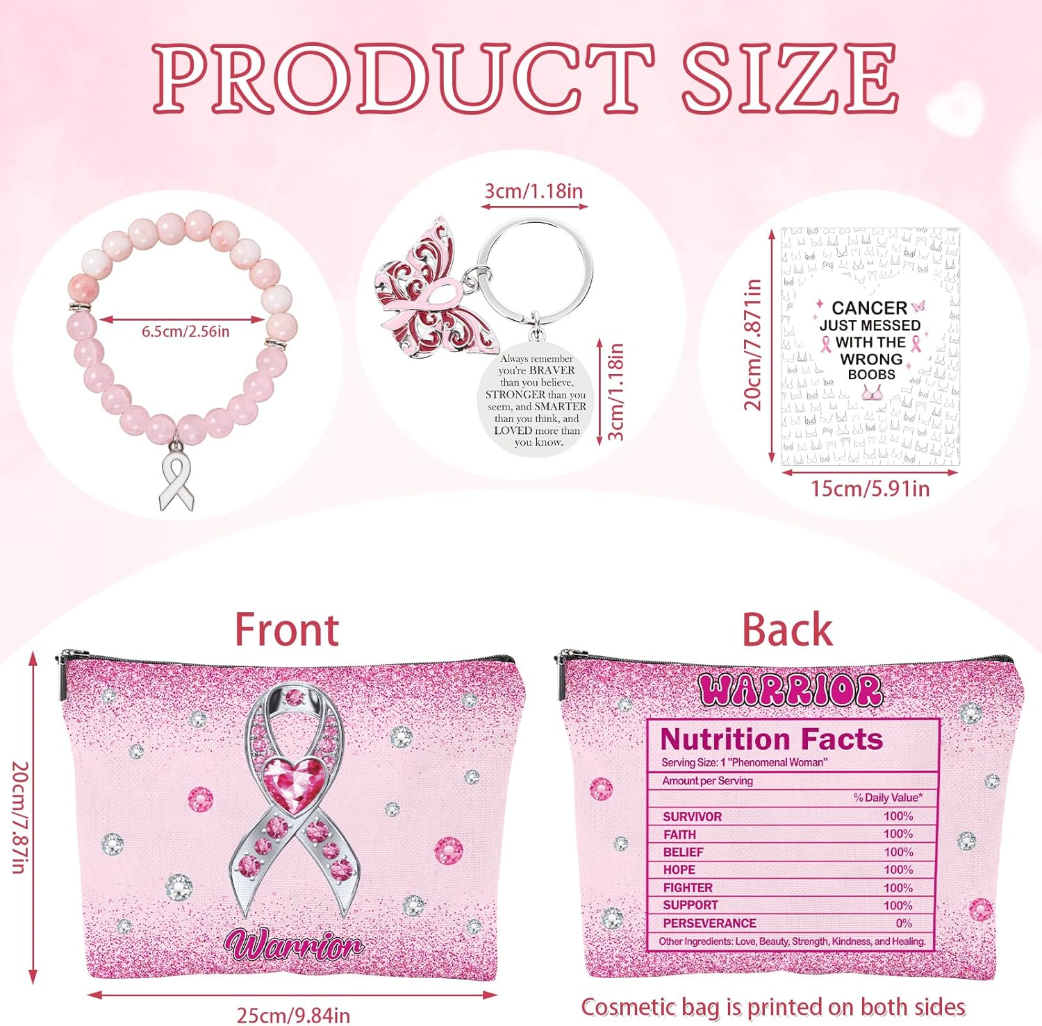 Breast Cancer Survivor Gifts for Women - 4Pcs Breast Cancer Awareness Gift, Pink Warrior Makeup Bag, Greeting Card, Bracelet, Keychain, Christmas Get Well Soon Present for Survivor Patients - Image 2