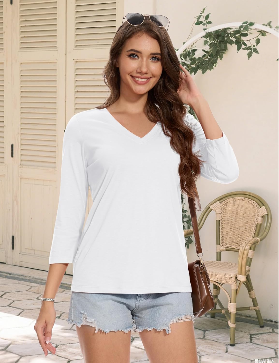 MAGCOMSEN 3/4 Sleeve T Shirts for Women V Neck Tshirts Cotton UPF50+ Summer Tops Casual T-Shirts Basic Tees 2025 - Image 3