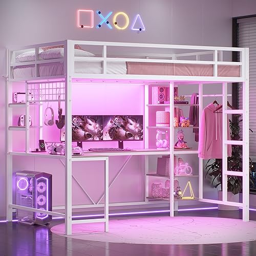 VIAGDO Loft Bed with Desk with Charging Station & LED Lights, Loft Bed Twin Size with Storage Shelves,Clothing Rail, Metal Twin Loft Bed with Safety Guard & Ladder, No Box Spring Needed (White)
