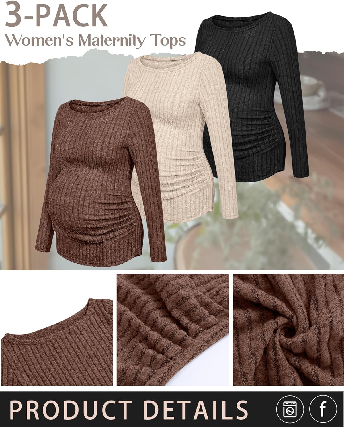 3 Pack Maternity Sweaters Long Sleeve Ribbed Maternity Shirts Lightweight Stretch Pregnancy Tops Winter Layering - Image 4