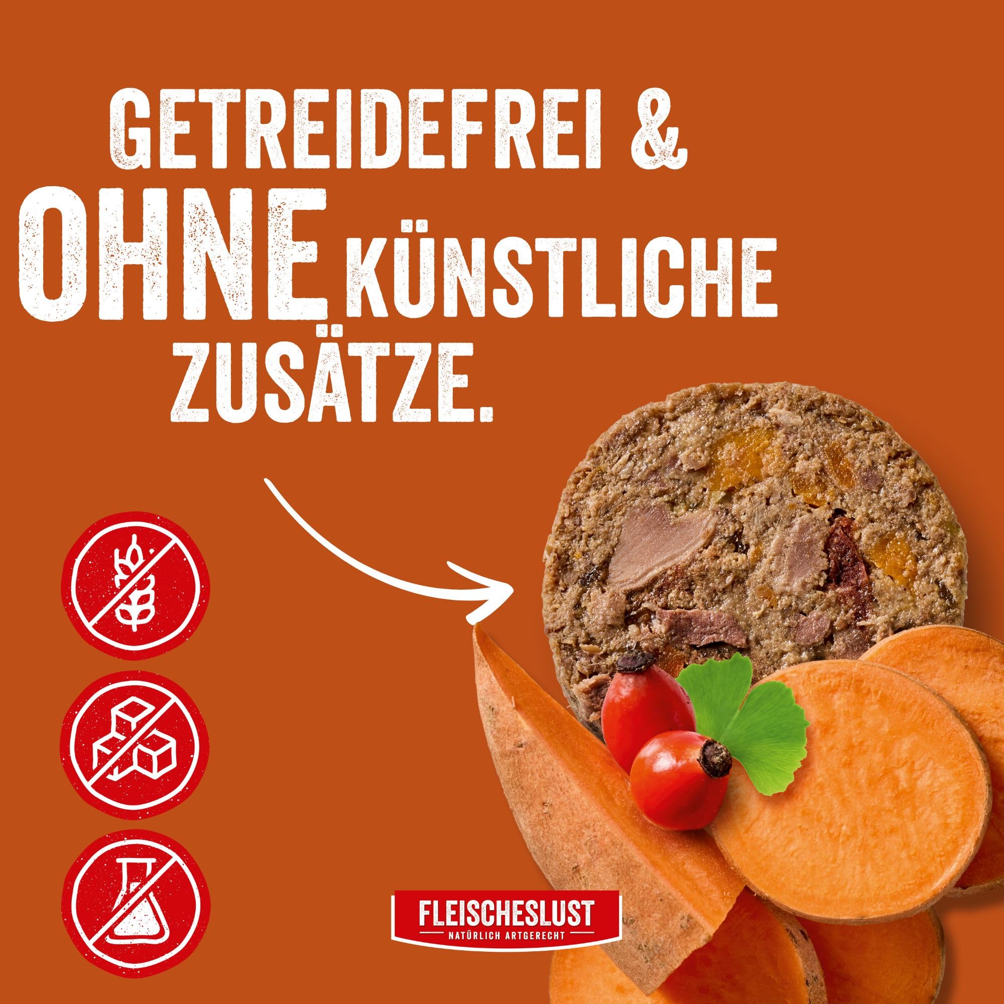 Fleischeslust Kiełbasa dla psów, starszy kurczak i wołowina ze słodkimi ziemniakami, dziką różą i miłorząbem | pudełko na karmę (6 x 800 g) | mokra karma | odporna na przecięcie | bez zbóż |