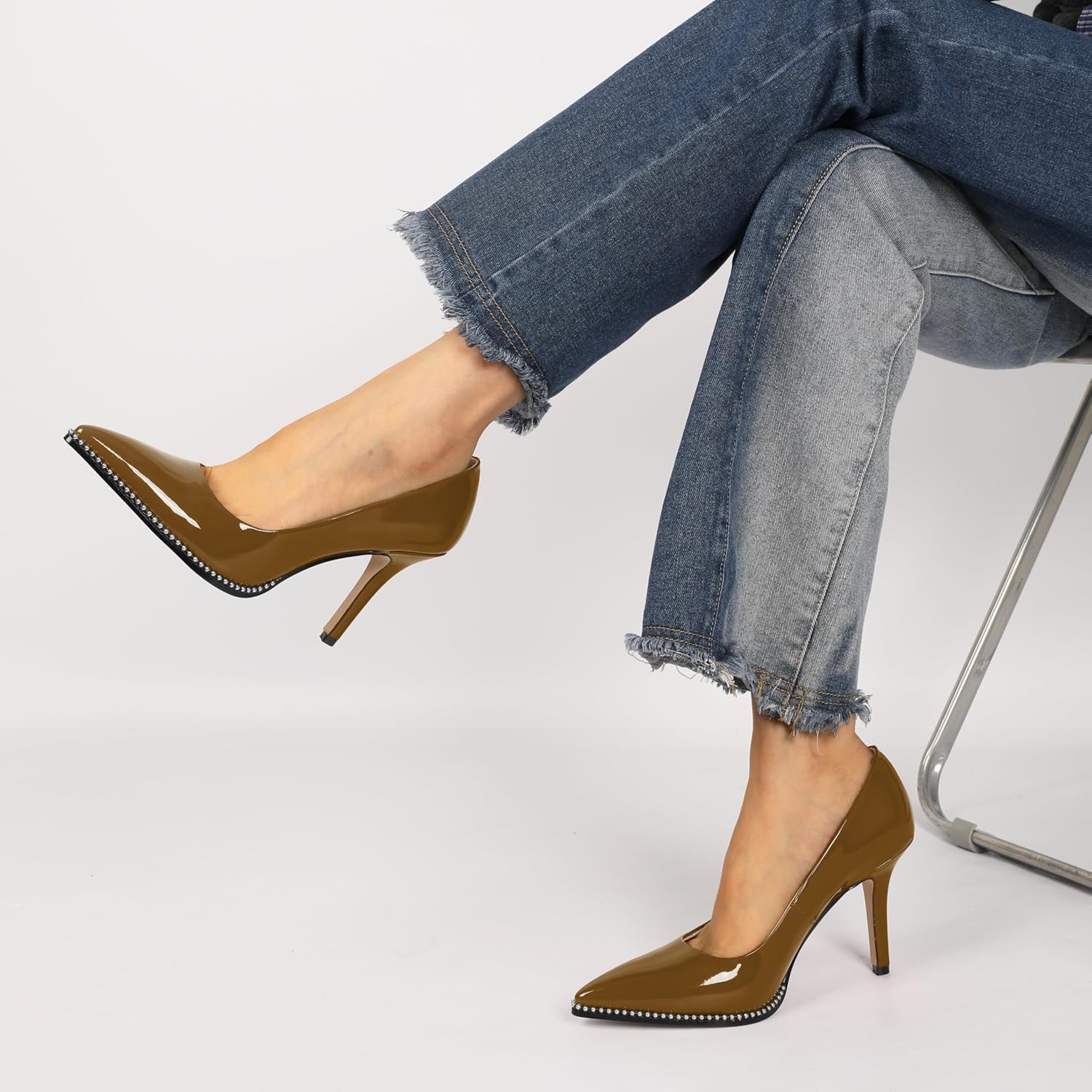 SAMMITOP Brown Heels for Women Silver Beaded Pumps Closed Toe Heels Sexy 3.5 Inch Stilettos High Heel Dressy Shoes for Wedding Work US Size 8 - Image 2