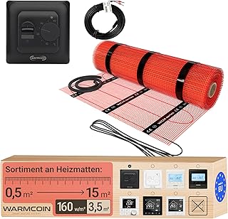 Elektrische Fußbodenheizung Komplettset 160 W/m² – Selbstklebende Heizmatte für Fliesen, Laminat, Vinyl & Parkett [0,5 x 7 m = 3,5 m²] – Inkl. Thermostat W70 Schwarz