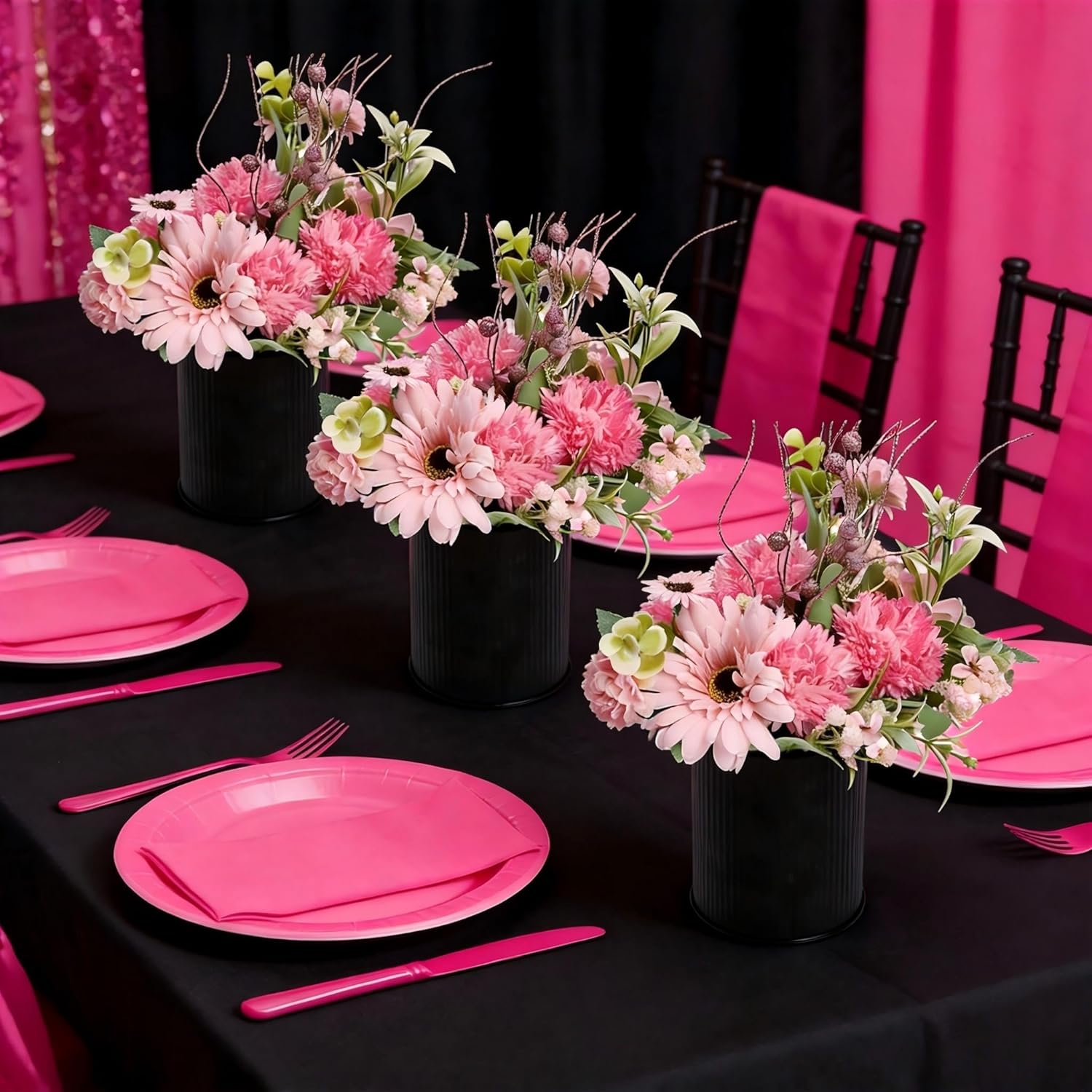 Artificial Flowers Table Centerpieces - Set of 6 Pre-Made Daisy Floral Arrangements with Rustic Metal Black Vase for Birthday, Baby Shower, Party, Home Decorations - Hot Pink & Rose Gold