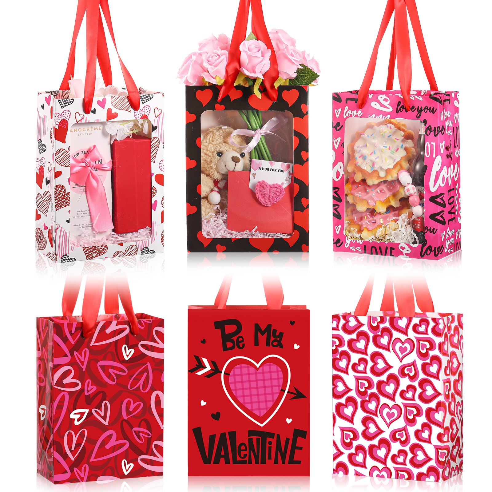 Frienda 12 Pcs Valentines Gift Bags Bulk Heart Goodie Bags with Clear Window and Handle Pink Red Happy Valentine's Day Paper Gift Wrap Love Tote Pouches for Party Favors Wedding Birthday Party