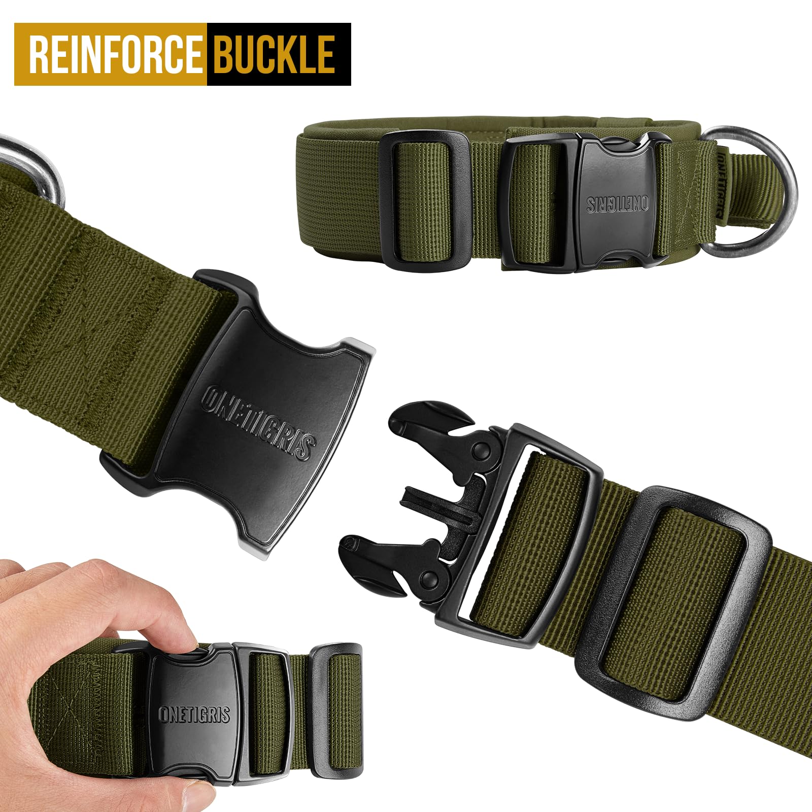 OneTigris Tactical Dog Collars with Handle,Military Dog Collar for Large Dog,Adjustable Nylon Collar German shepherd Collar with Heavy Duty Metal Buckle for Dog Training and Walking (Olive - Image 4