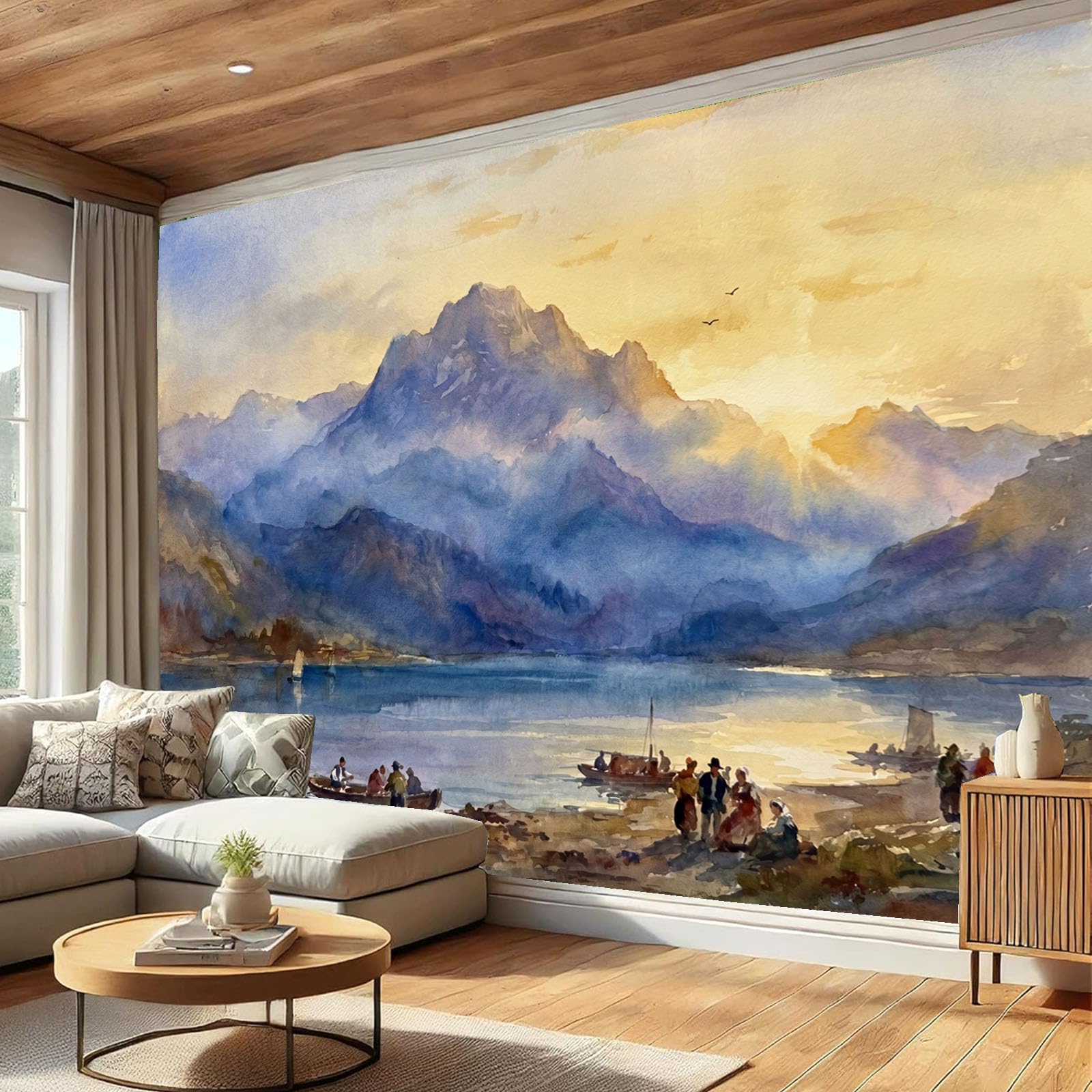 Papier peint panoramique soie paysage européen laquet pour décoration salon