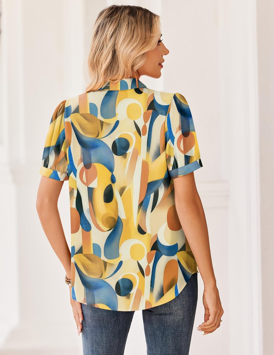 Zeagoo Women Button Down Shirts Puff Short Sleeve Blouses Chiffon Tops Business Casual Outfits Summer Clothes - Image 5