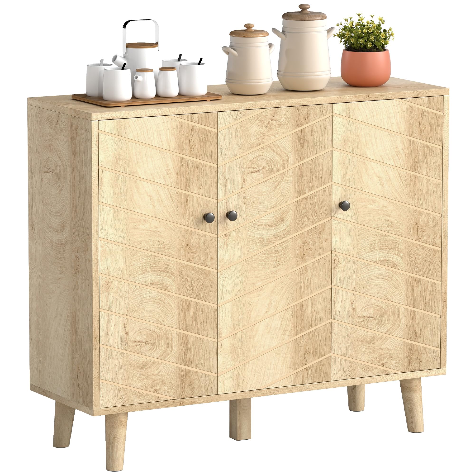 HOMCOM Sideboard Cabinet, Modern Vintage Kitchen Storage Cabinet with 3 Chevron Doors and Pine Wood Legs for Living Room, Kitchen, Hallway, Natural Wood Finish