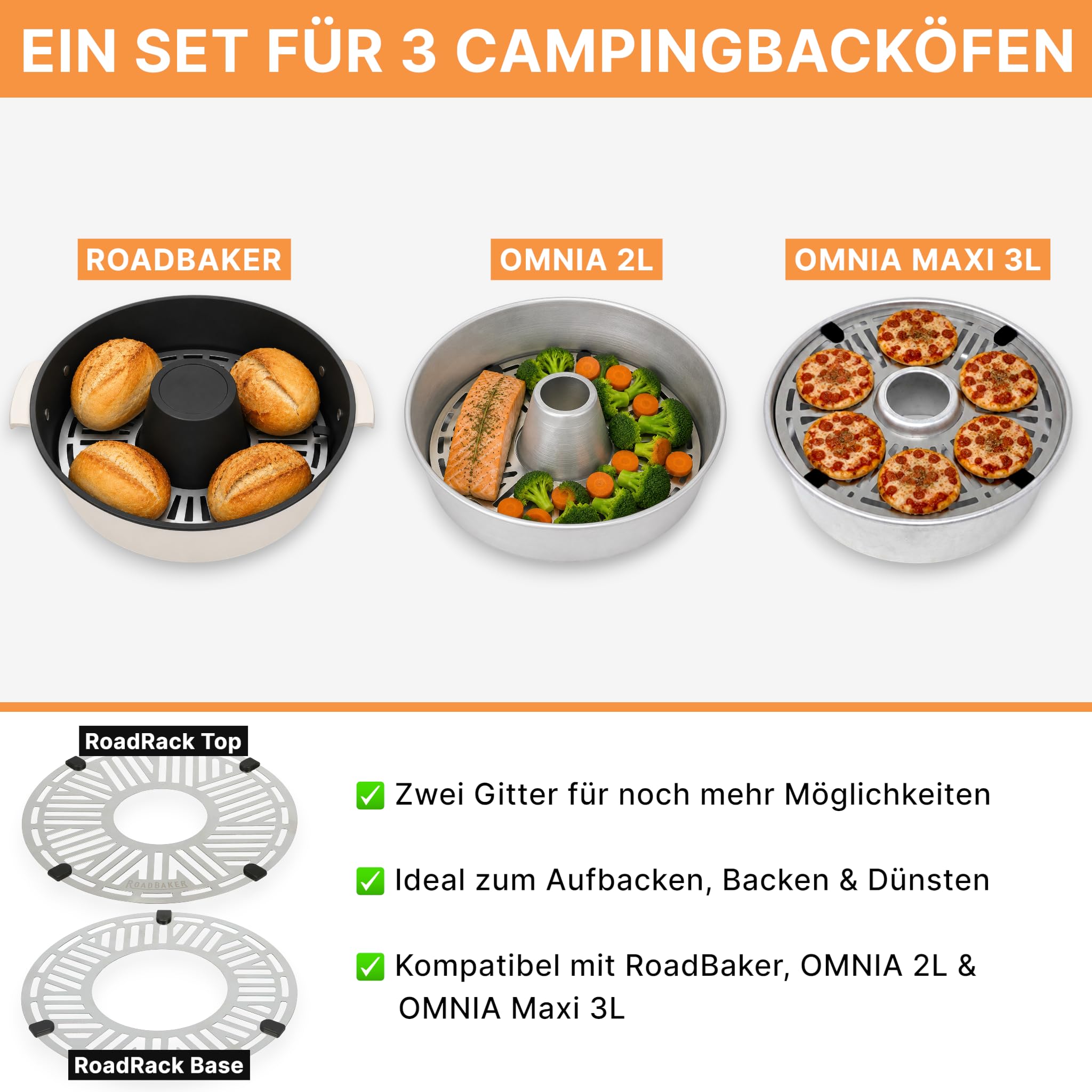 RoadRack Set – RoadRack Base & RoadRack Top | Edelstahl-Aufbackgitter für RoadBaker, Omnia 2L & Omnia Maxi 3L | Campingbackofen Zubehör für Brötchen, Aufbackwaren, Mini-Pizzen, Fisch & Gemüse