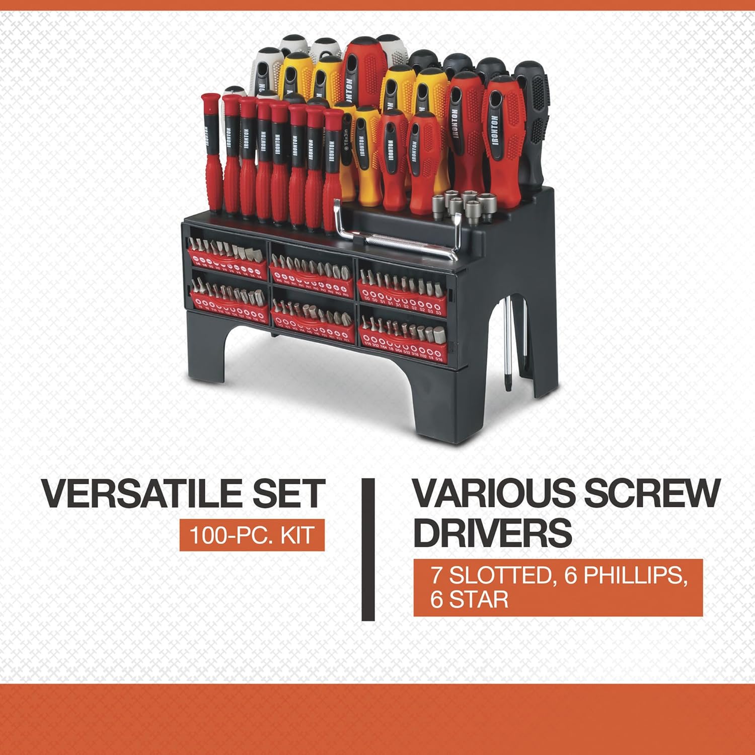 Ironton Screwdriver Bit Set with Storage Rack, 100-Pc.