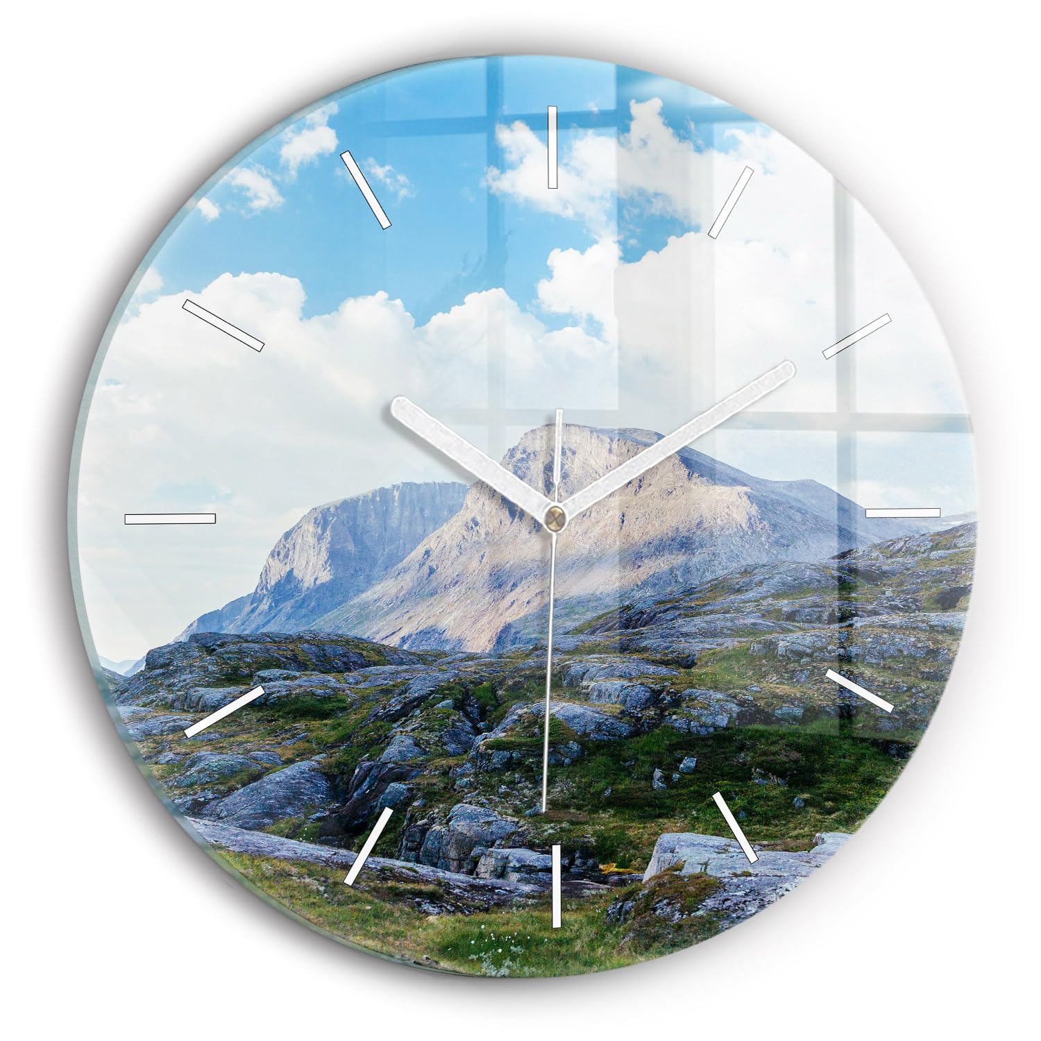 Horloge en verre Wallfluent 30 cm au design moderne et motif paysage rocheux pour le salon