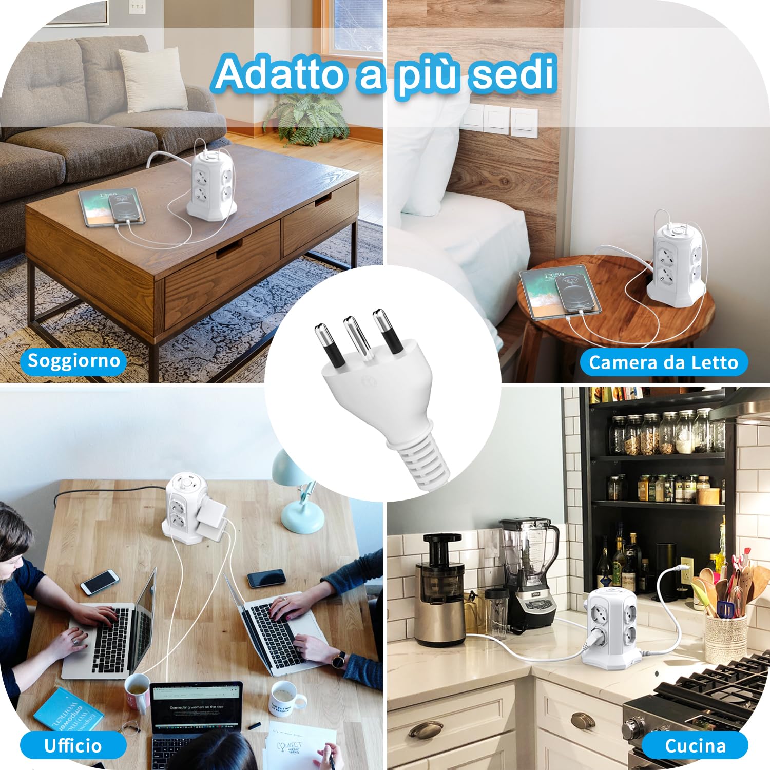 TOPREK Regleta Vertical con 8 Tomas Universales ITA 10/16A y Schuko y 2 USB C y 2 USB A (USB-C1 20W PD3.0 Carga Rápida), 4000W/16A, Regleta con Interruptor, Cable de 2M, Enchufe 16A, Blanco